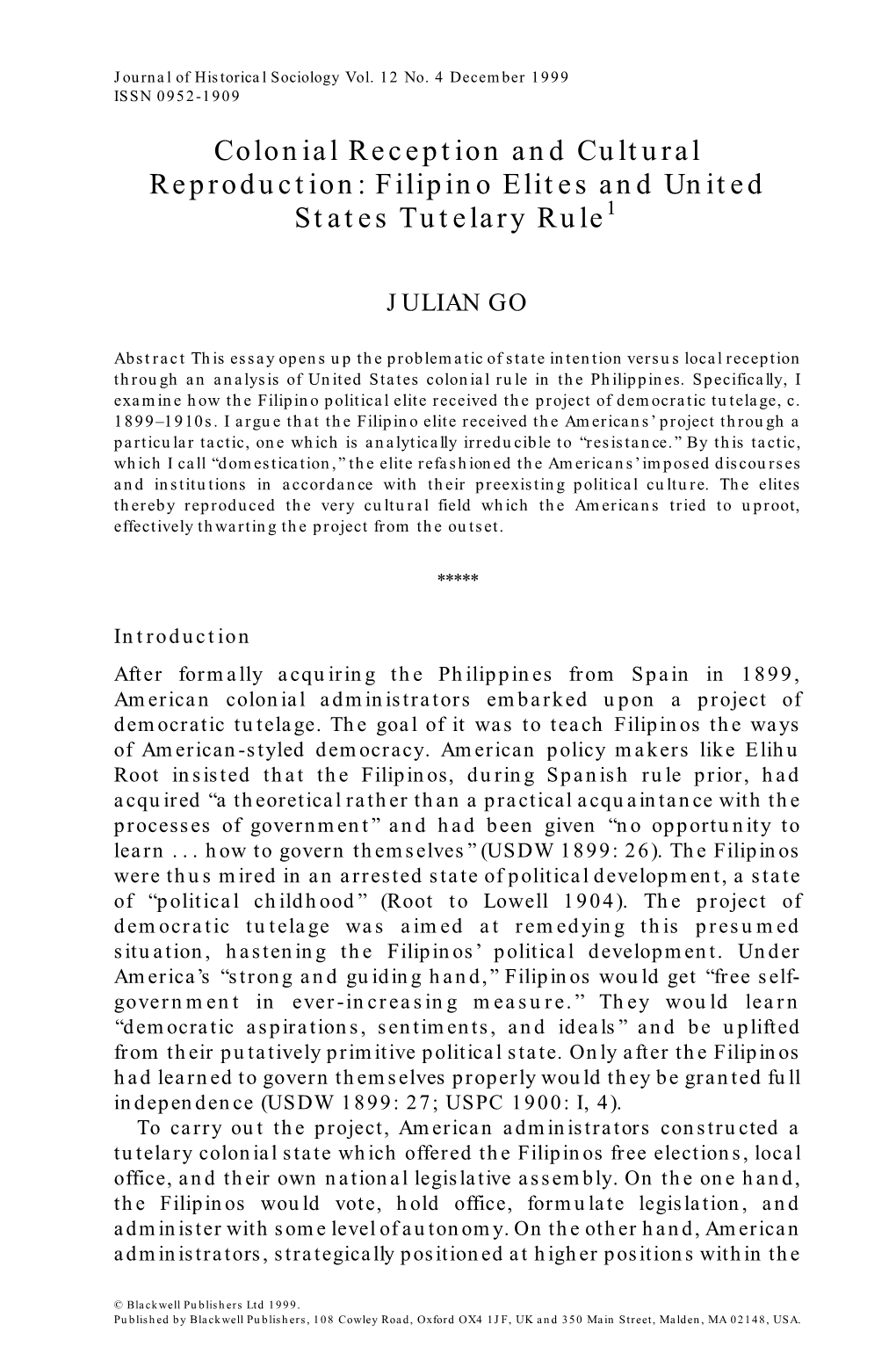 Filipino Elites and United States Tutelary Rule1