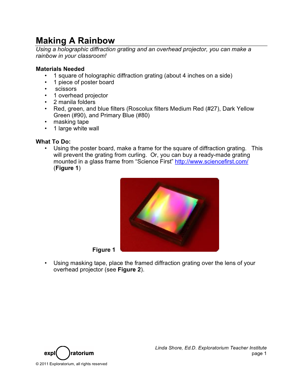 Making a Rainbow Using a Holographic Diffraction Grating and an Overhead Projector, You Can Make a Rainbow in Your Classroom!