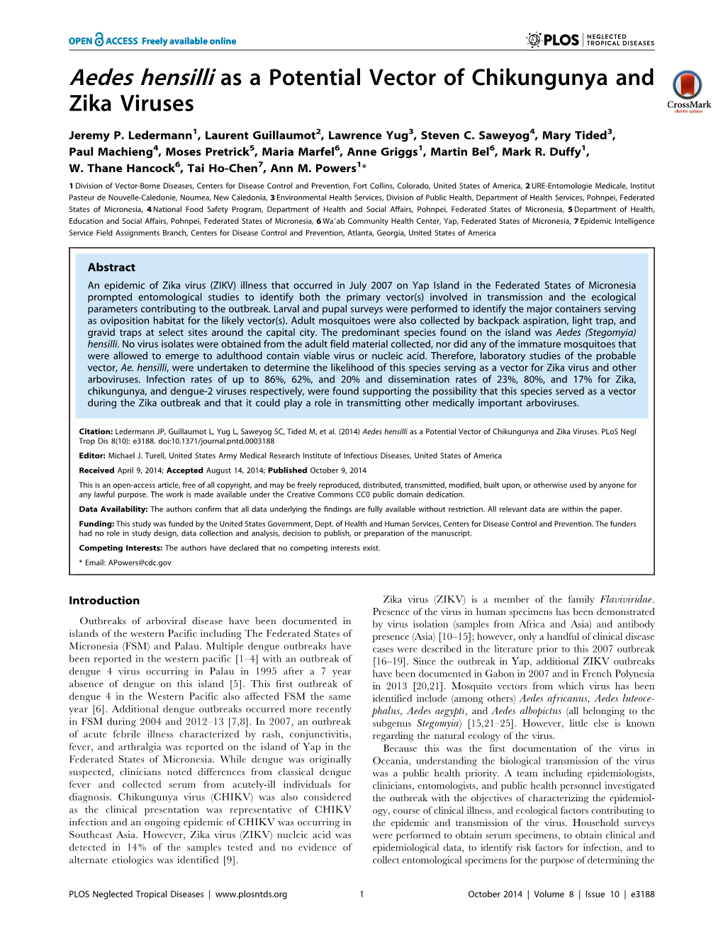 Aedes Hensilli As a Potential Vector of Chikungunya and Zika Viruses