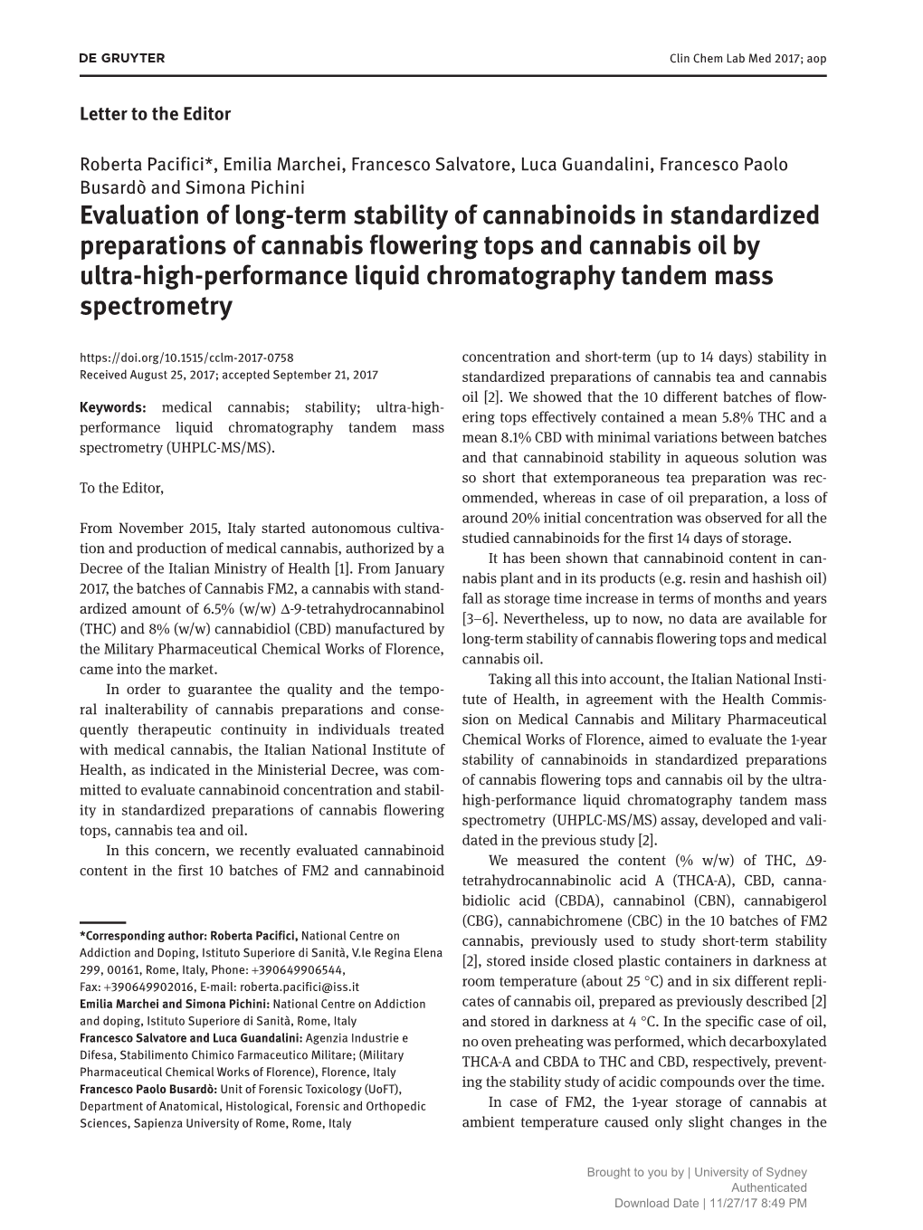 Evaluation of Long-Term Stability of Cannabinoids in Standardized