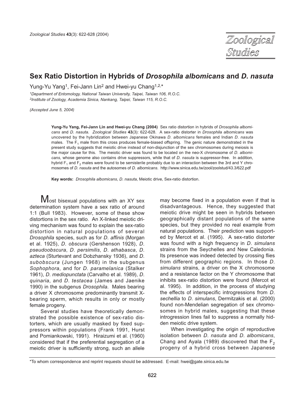 Sex Ratio Distortion in Hybrids of Drosophila Albomicans and D. Nasuta