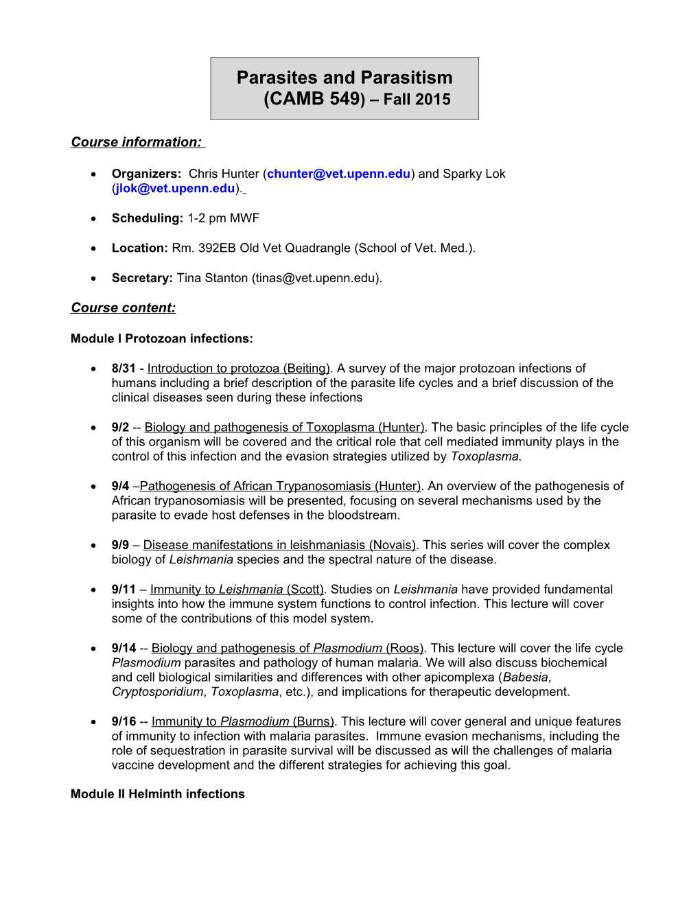 Parasites And Parasitism (CAMB 549)