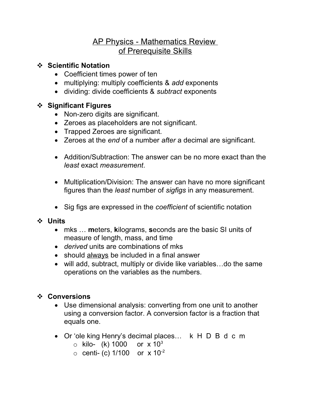 AP Physics - Mathematics Review