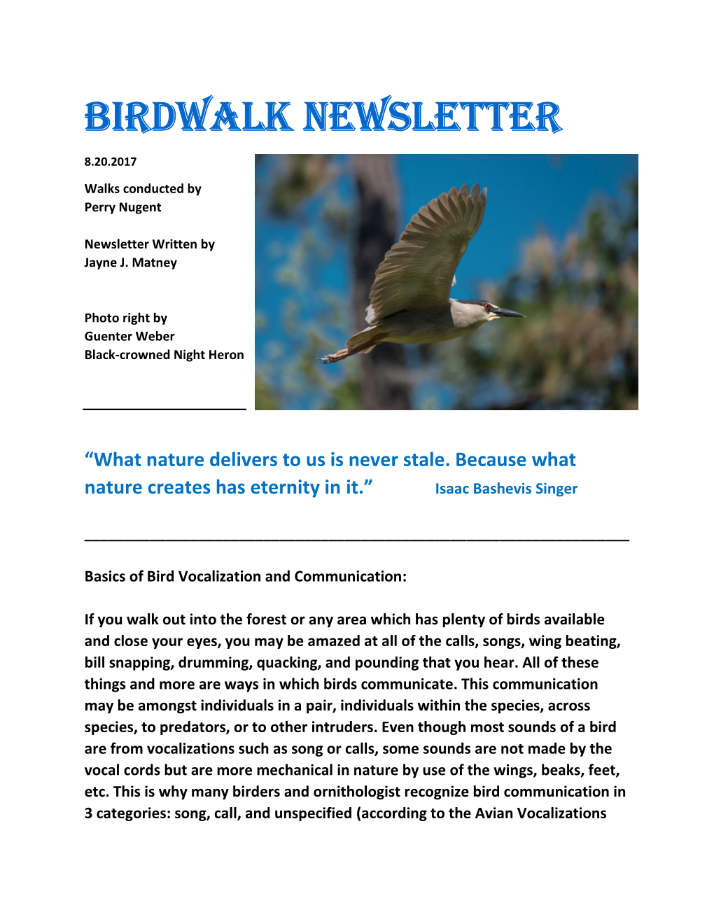 Birdwalk Newsletter