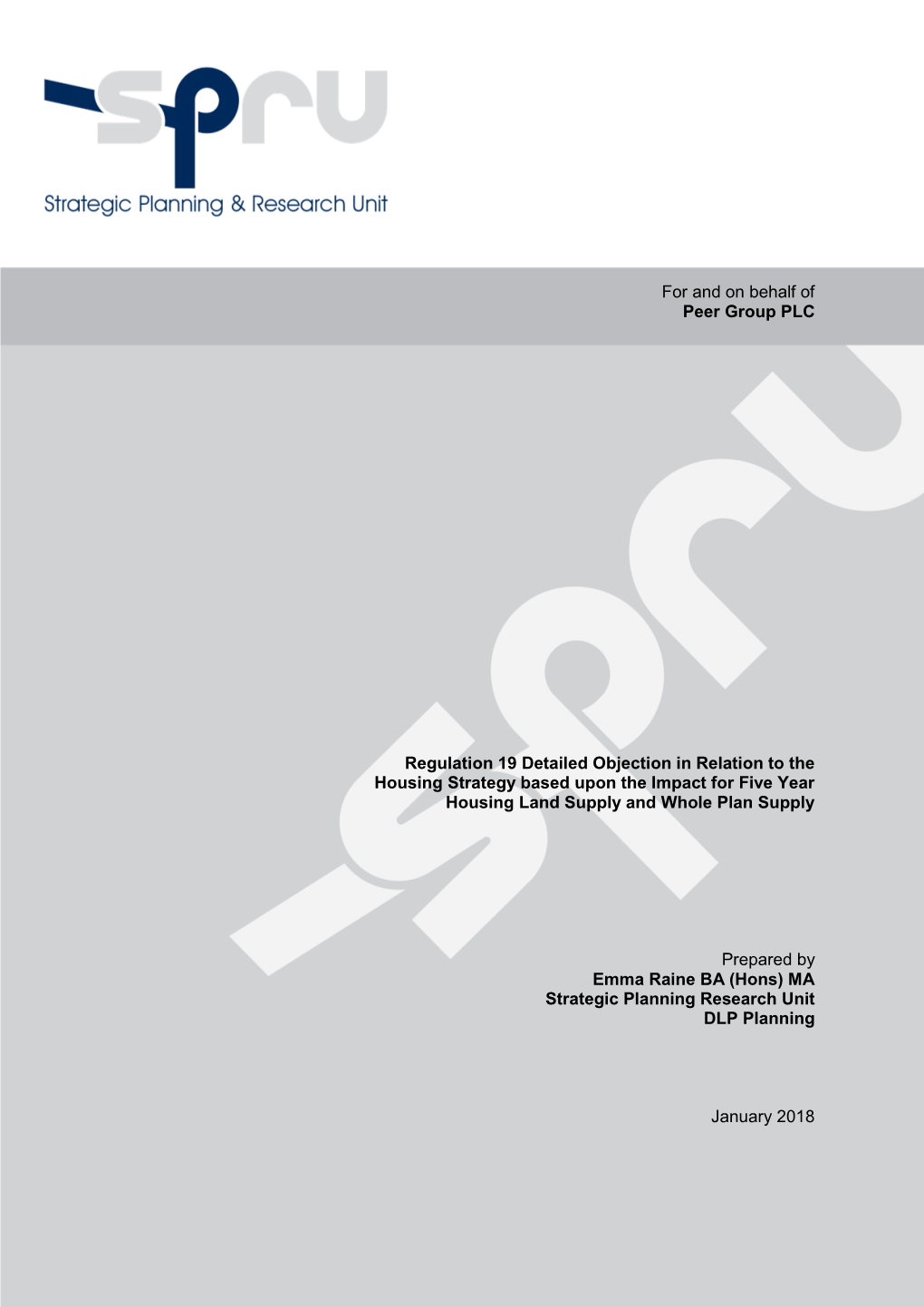 For and on Behalf of Peer Group PLC Regulation 19 Detailed Objection in Relation to the Housing Strategy Based Upon the Impact