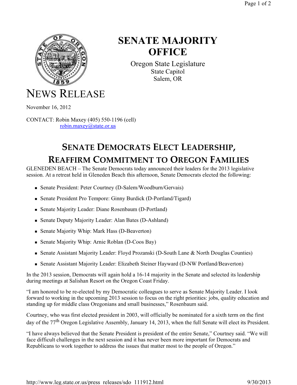 News Release Senate Majority Office