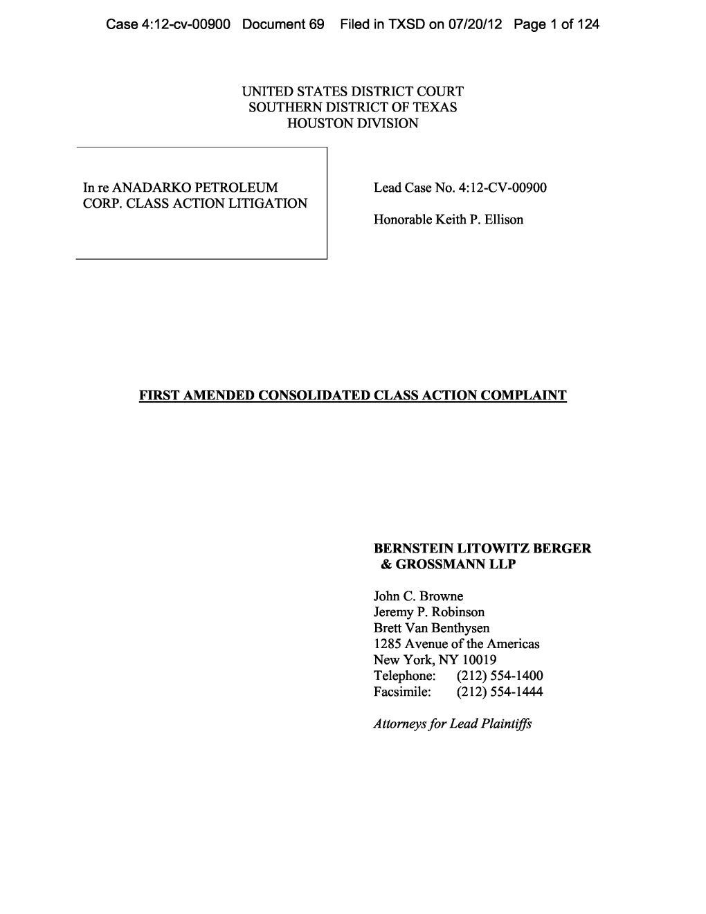 In Re Anadarko Petroleum Corp. Class Action Litigation 12-CV-00900-First