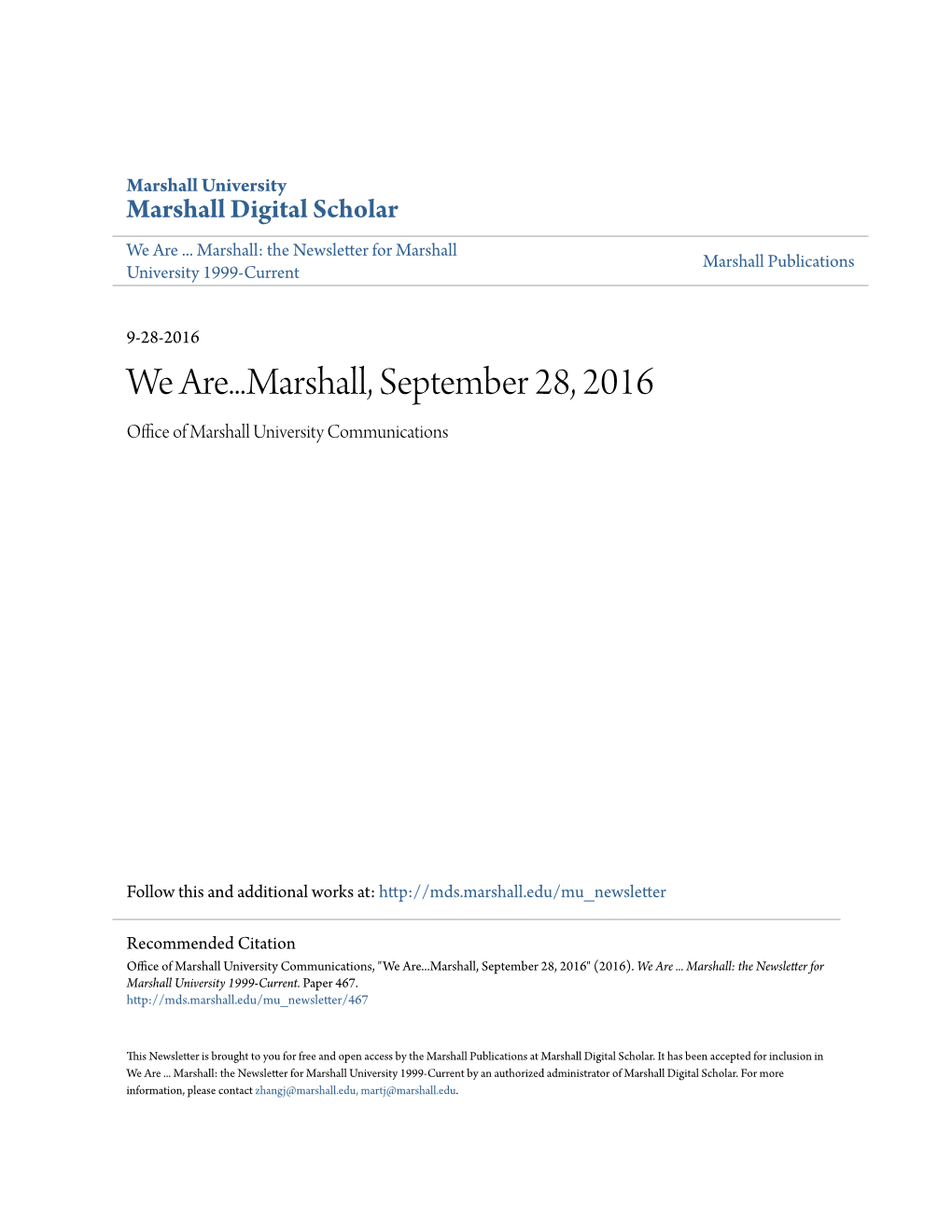 We Are...Marshall, September 28, 2016 Office Ofa M Rshall University Communications