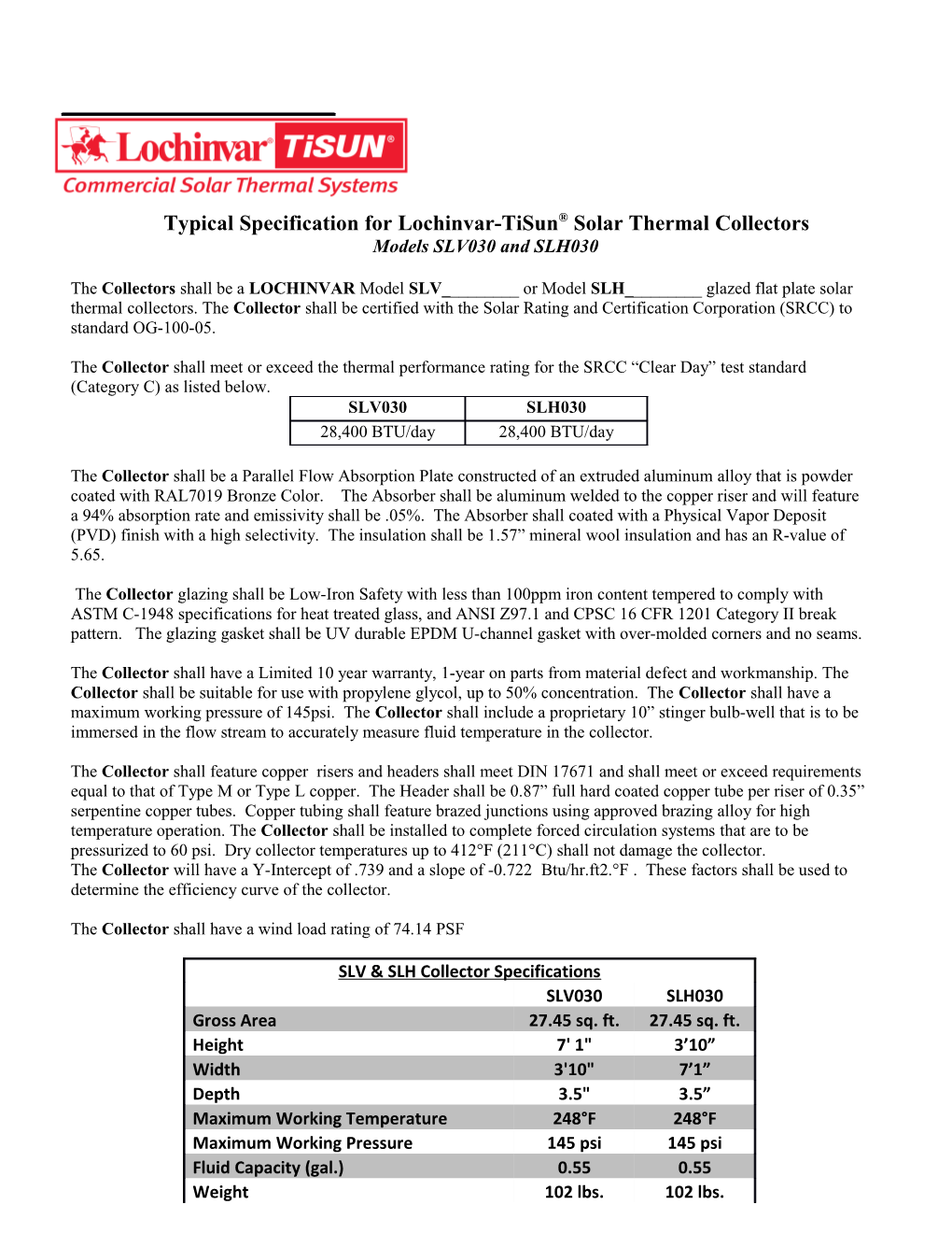 Typical Specification for Lochinvar-Tisun Solar Thermal Collectors