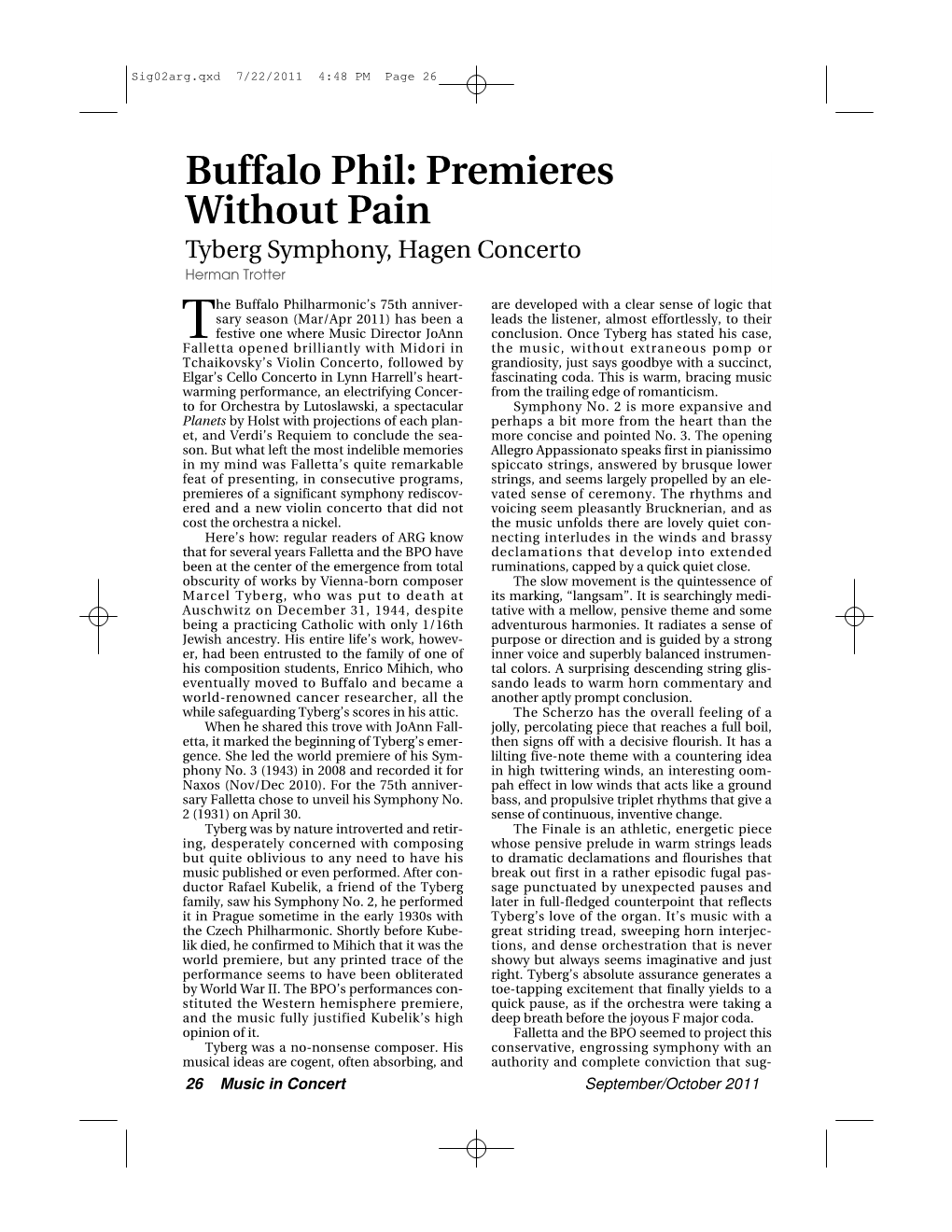 Buffalo Phil: Premieres Without Pain Tyberg Symphony, Hagen Concerto Herman Trotter