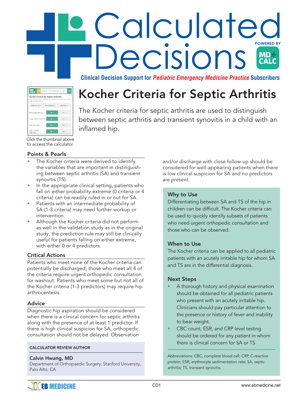 Kocher Criteria for Septic Arthritis