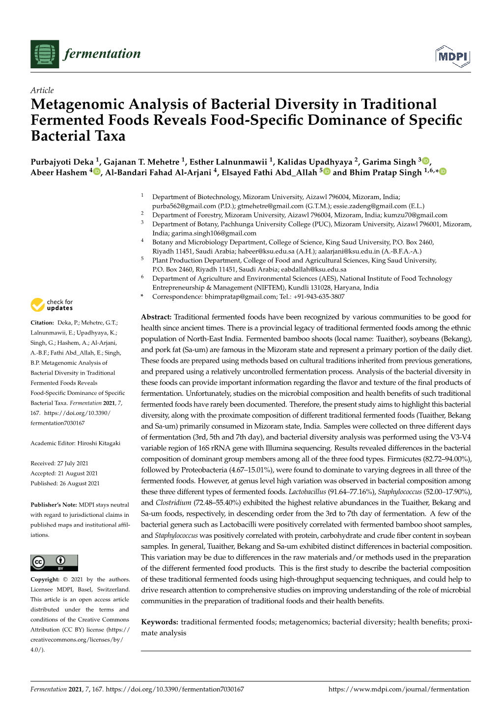 Metagenomic Analysis of Bacterial Diversity in Traditional Fermented Foods Reveals Food-Speciﬁc Dominance of Speciﬁc Bacterial Taxa