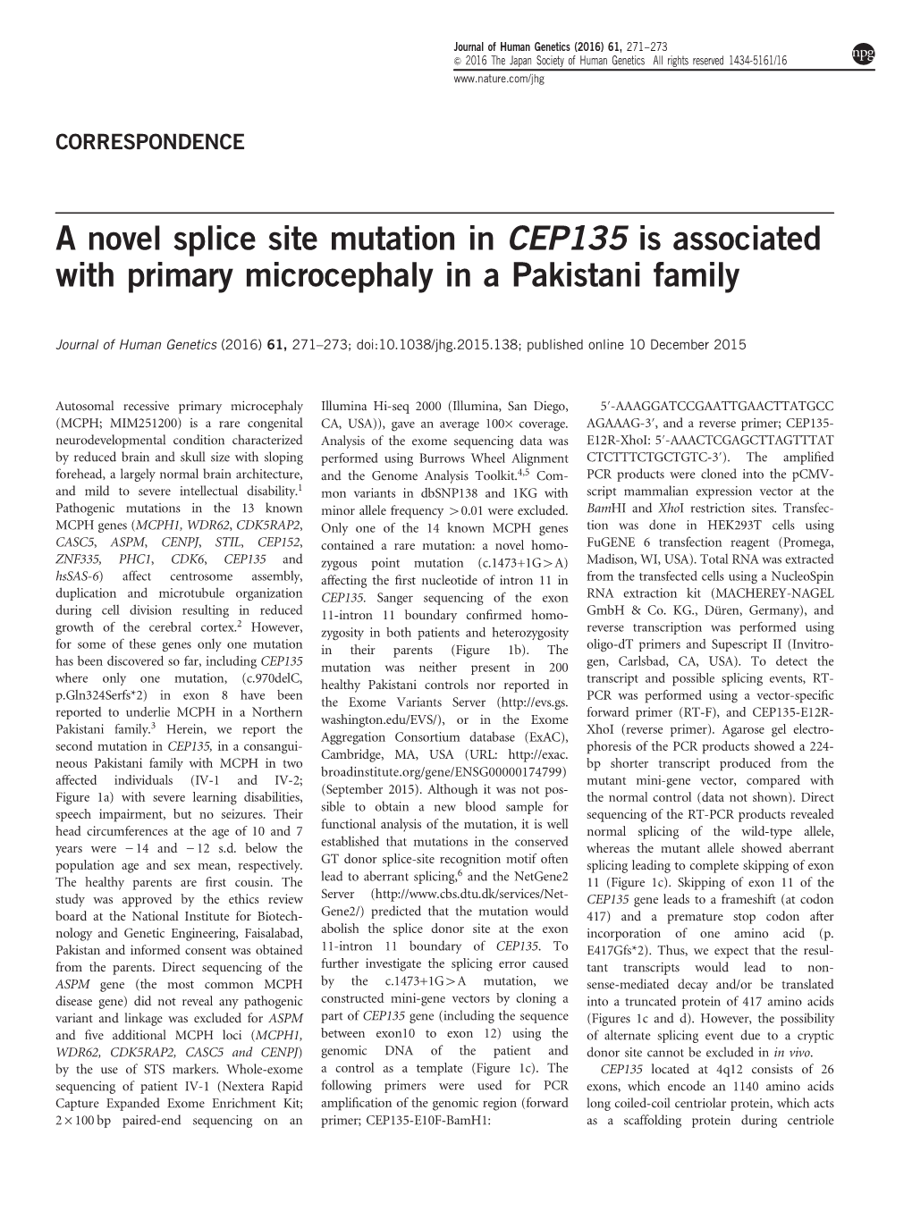 A Novel Splice Site Mutation in CEP135 Is Associated with Primary Microcephaly in a Pakistani Family