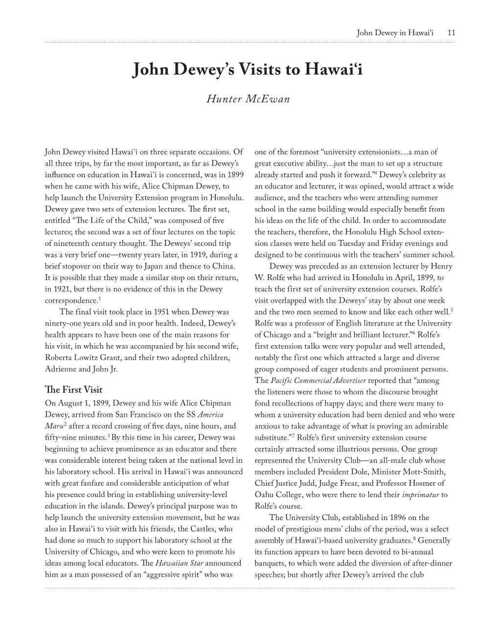 John Dewey's Visits to Hawai'i