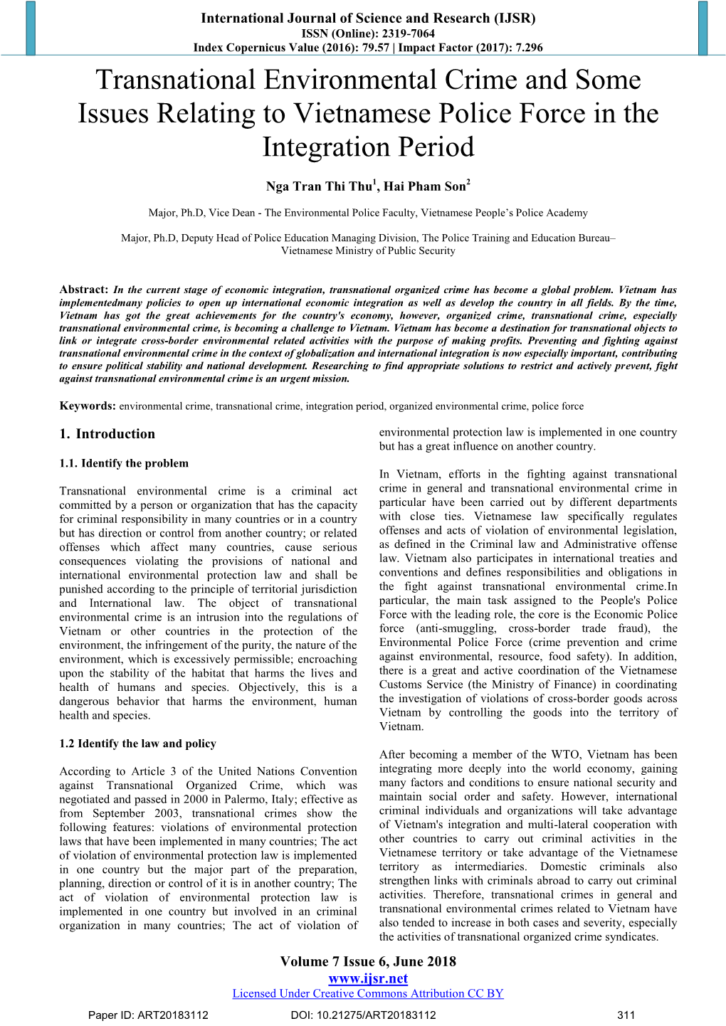 Transnational Environmental Crime and Some Issues Relating to Vietnamese Police Force in the Integration Period