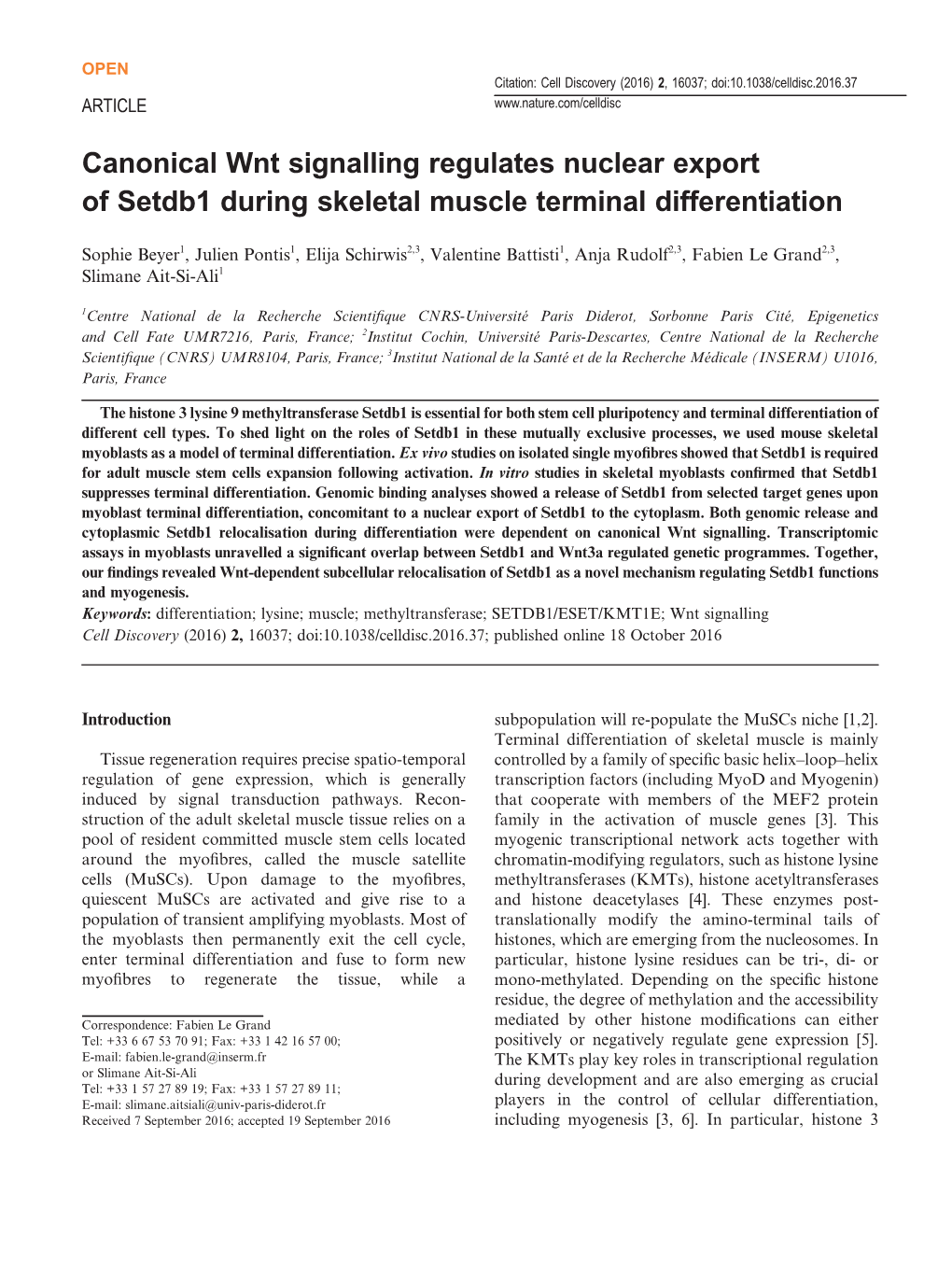 Canonical Wnt Signalling Regulates Nuclear Export of Setdb1 During Skeletal Muscle Terminal Differentiation