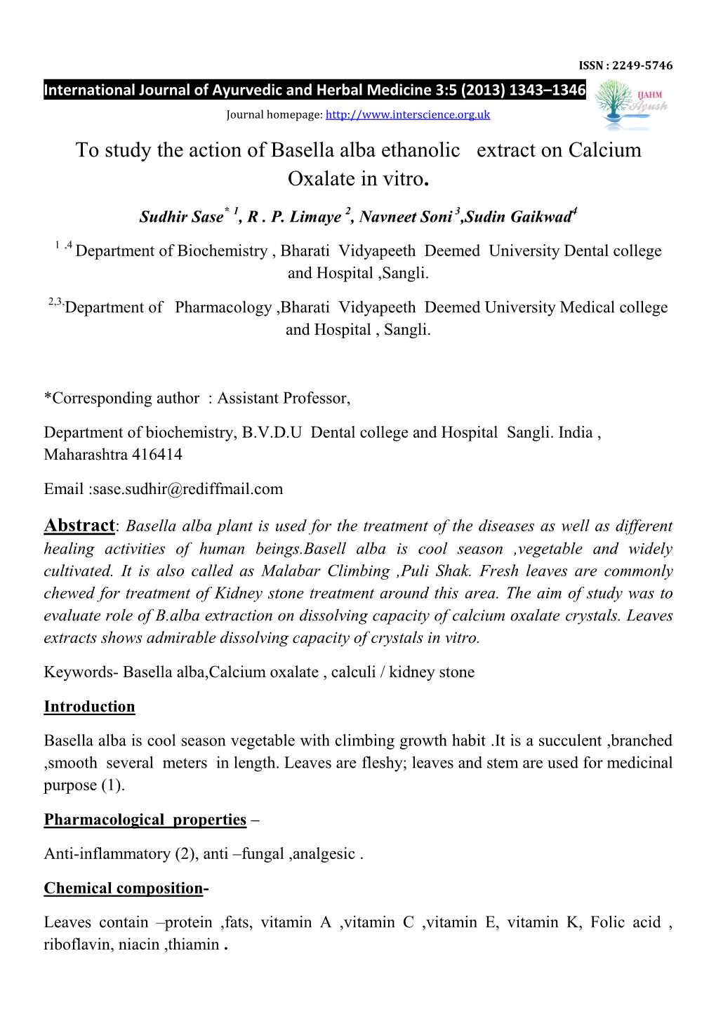 To Study the Action of Basella Alba Ethanolic Extract on Calcium Oxalate in Vitro