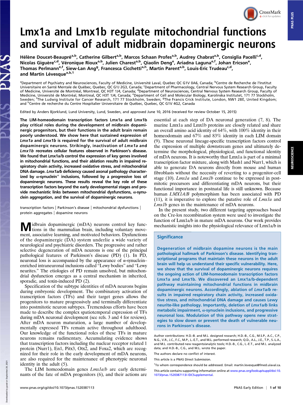 Lmx1a and Lmx1b Regulate Mitochondrial Functions And