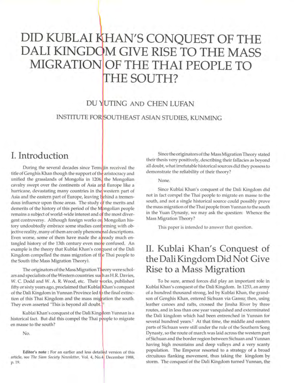 Did Kublai Han's Conquest of the Dali Kingd M Give Rise to the Mass Migration of the Thai People to He South?