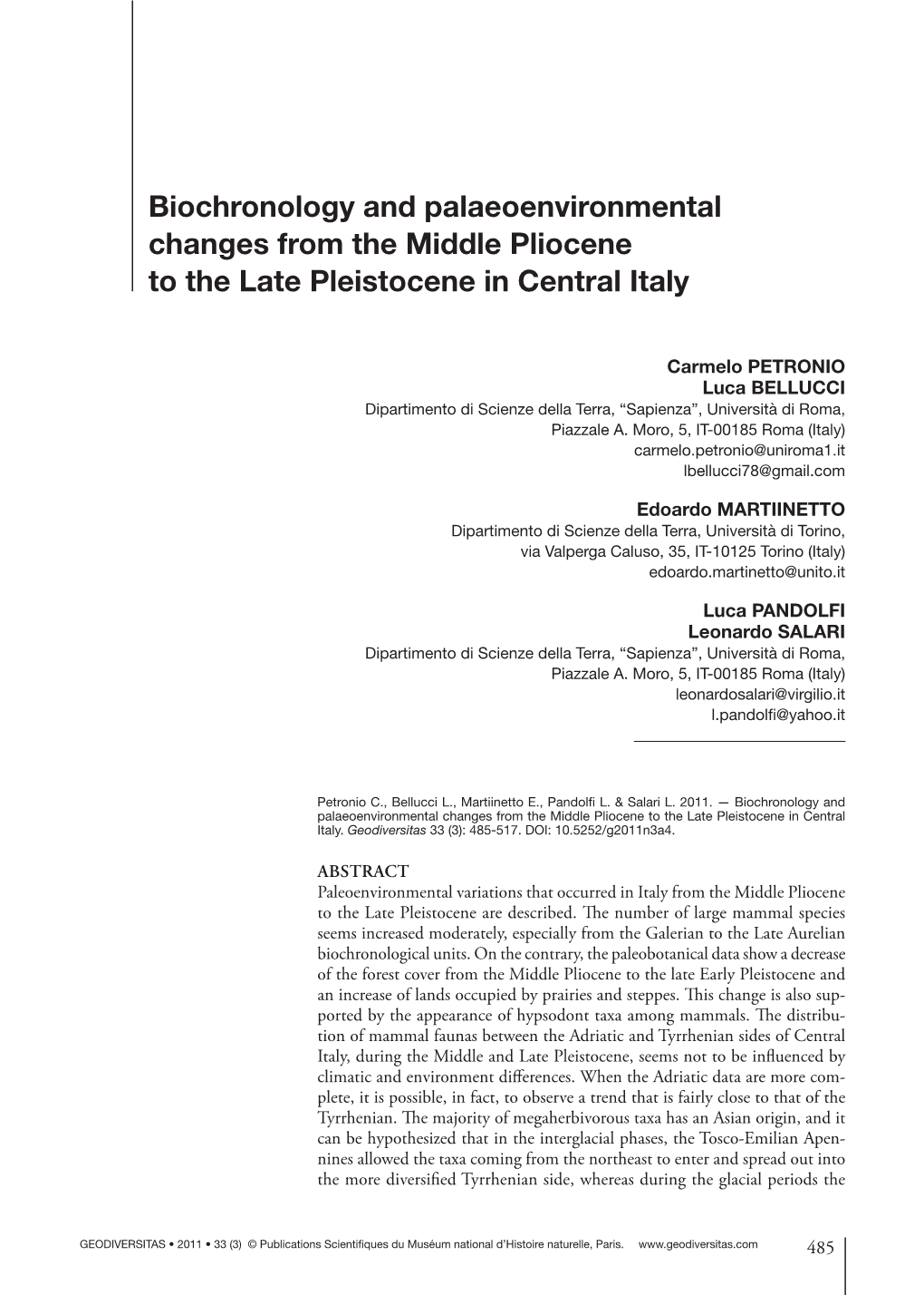 Biochronology and Palaeoenvironmental Changes from the Middle Pliocene to the Late Pleistocene in Central Italy