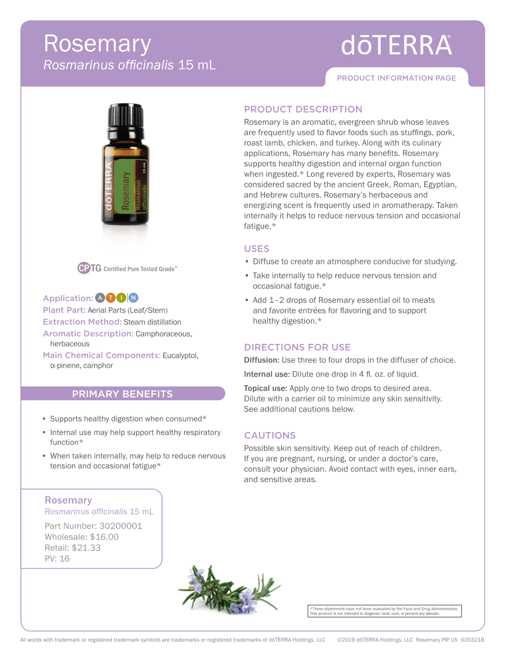 Rosemary Rosmarinus Officinalis 15 Ml PRODUCT INFORMATION PAGE