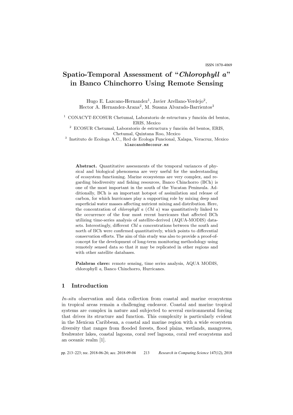 Spatio-Temporal Assessment of "Chlorophyll A" in Banco Chinchorro Using Remote Sensing