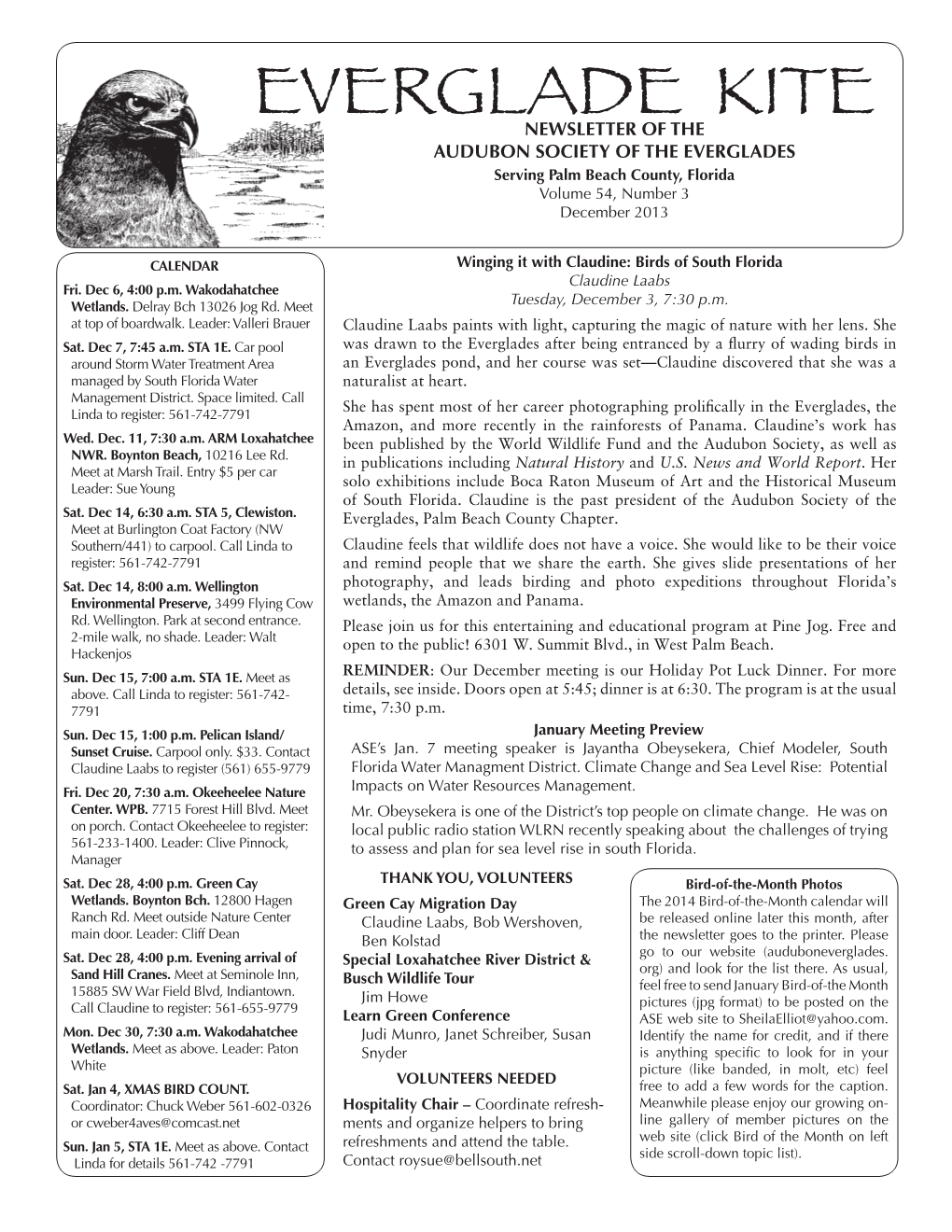 Everglade Kite Yes, We All Know It Is “Fall”, by the Calendar, but Winter Is Only a Few Days Away Is the Newsletter of the Audubon (By the Calendar, That Is!)