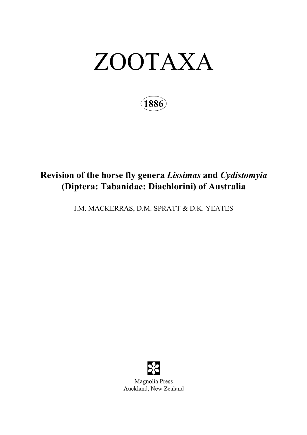 Zootaxa, Revision of the Horse Fly Genera Lissimas and Cydistomyia