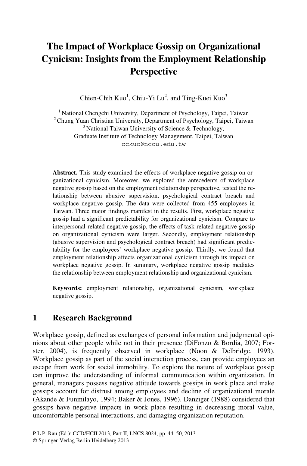 The Impact of Workplace Gossip on Organizational Cynicism: Insights from the Employment Relationship Perspective