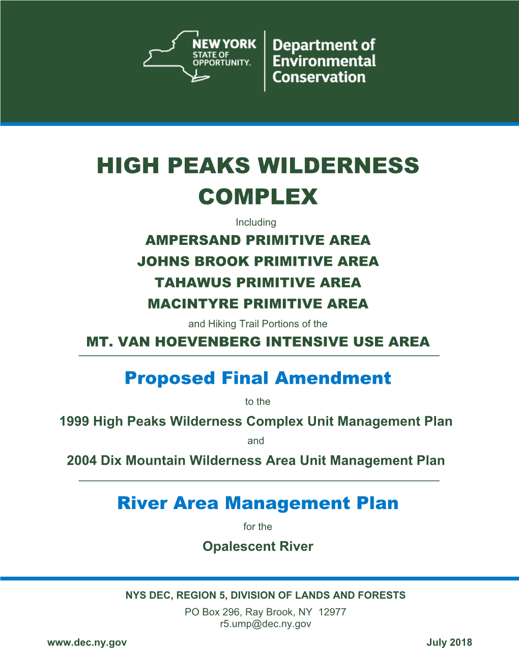 High Peaks Wilderness Complex Proposed Final UMP Amendment