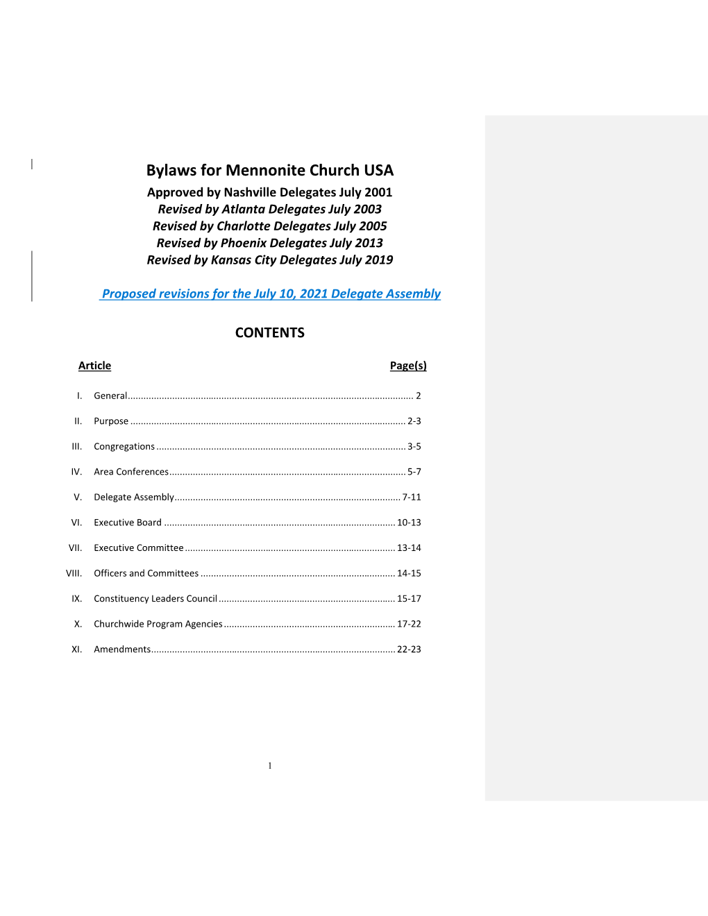 Proposed Revisions to the Bylaws for Mennonite Church