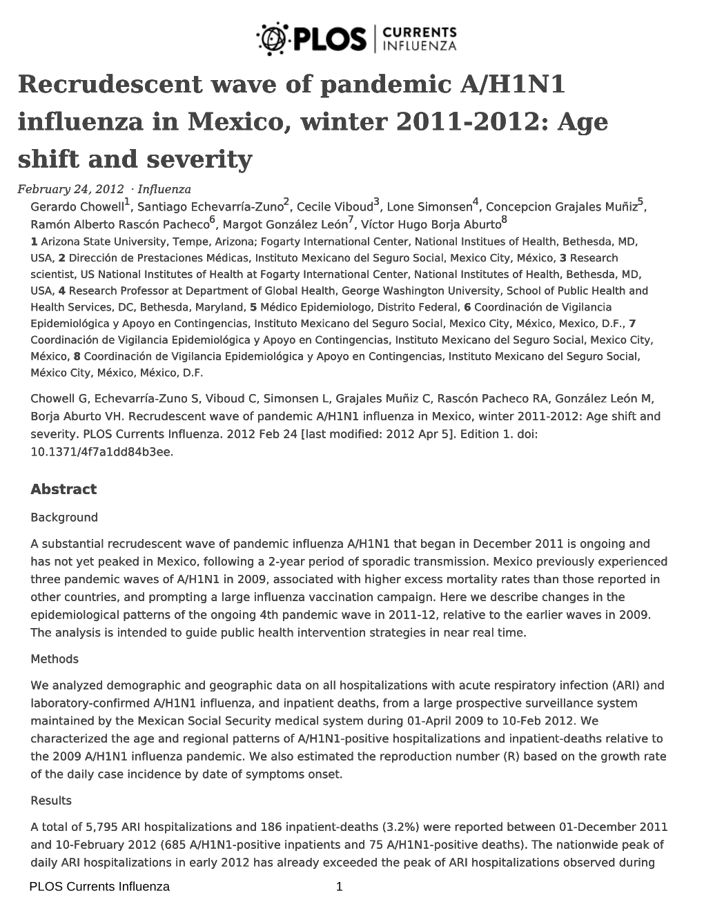 Recrudescent Wave of Pandemic A/H1N1 Influenza in Mexico, Winter 2011-2012: Age Shift and Severity