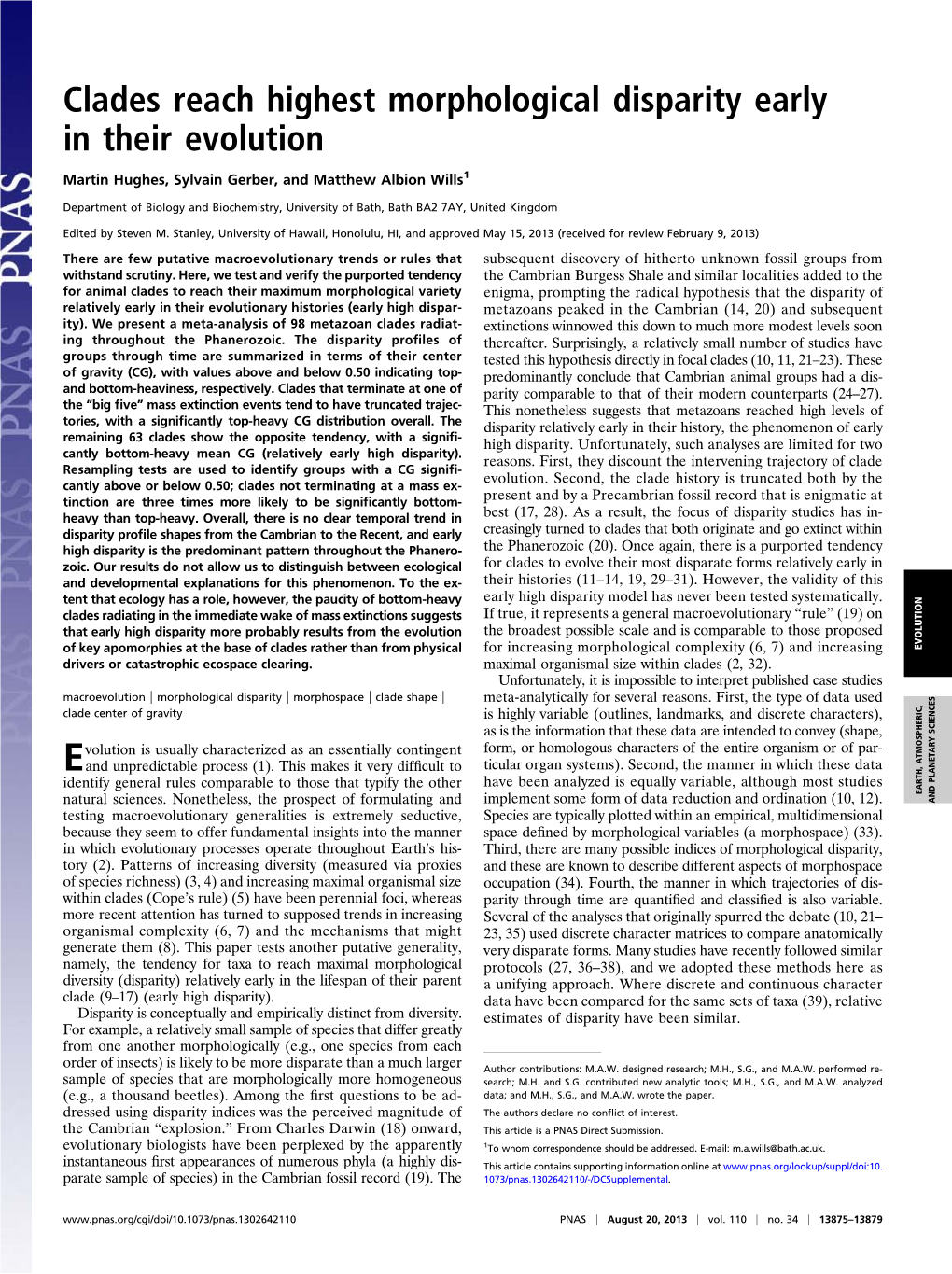 Clades Reach Highest Morphological Disparity Early in Their Evolution