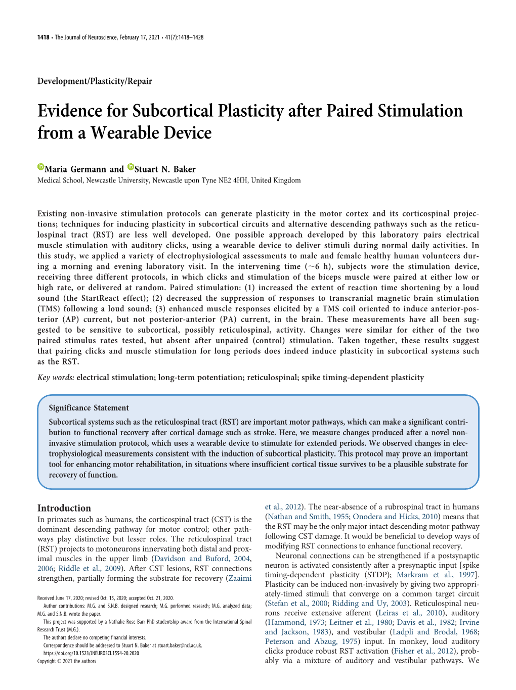 Evidence for Subcortical Plasticity After Paired Stimulation from a Wearable Device