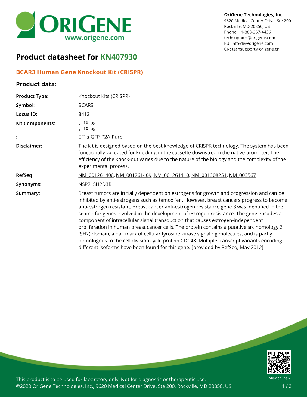 BCAR3 Human Gene Knockout Kit (CRISPR) – KN407930 | Origene