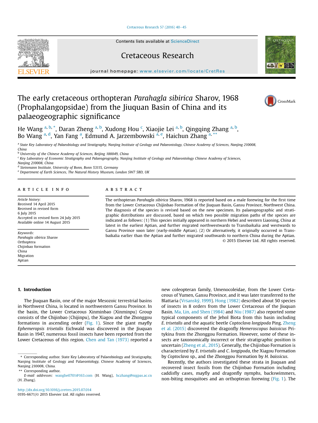 The Early Cretaceous Orthopteran Parahagla Sibirica Sharov, 1968 (Prophalangopsidae) from the Jiuquan Basin of China and Its Palaeogeographic Signiﬁcance