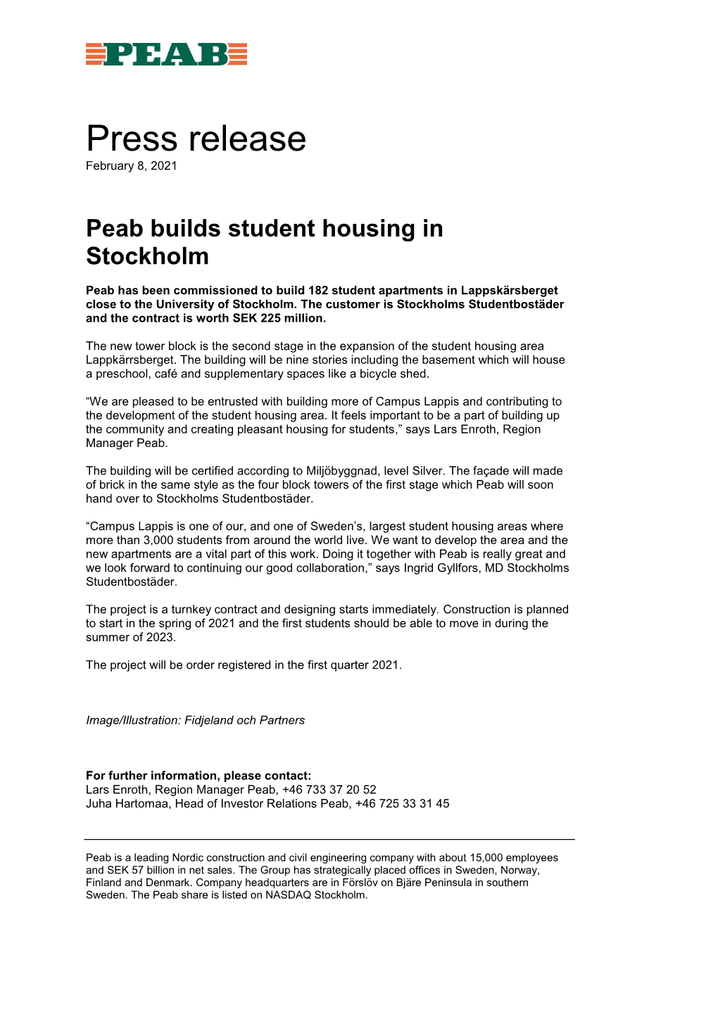 Peab Builds Student Housing in Stockholm