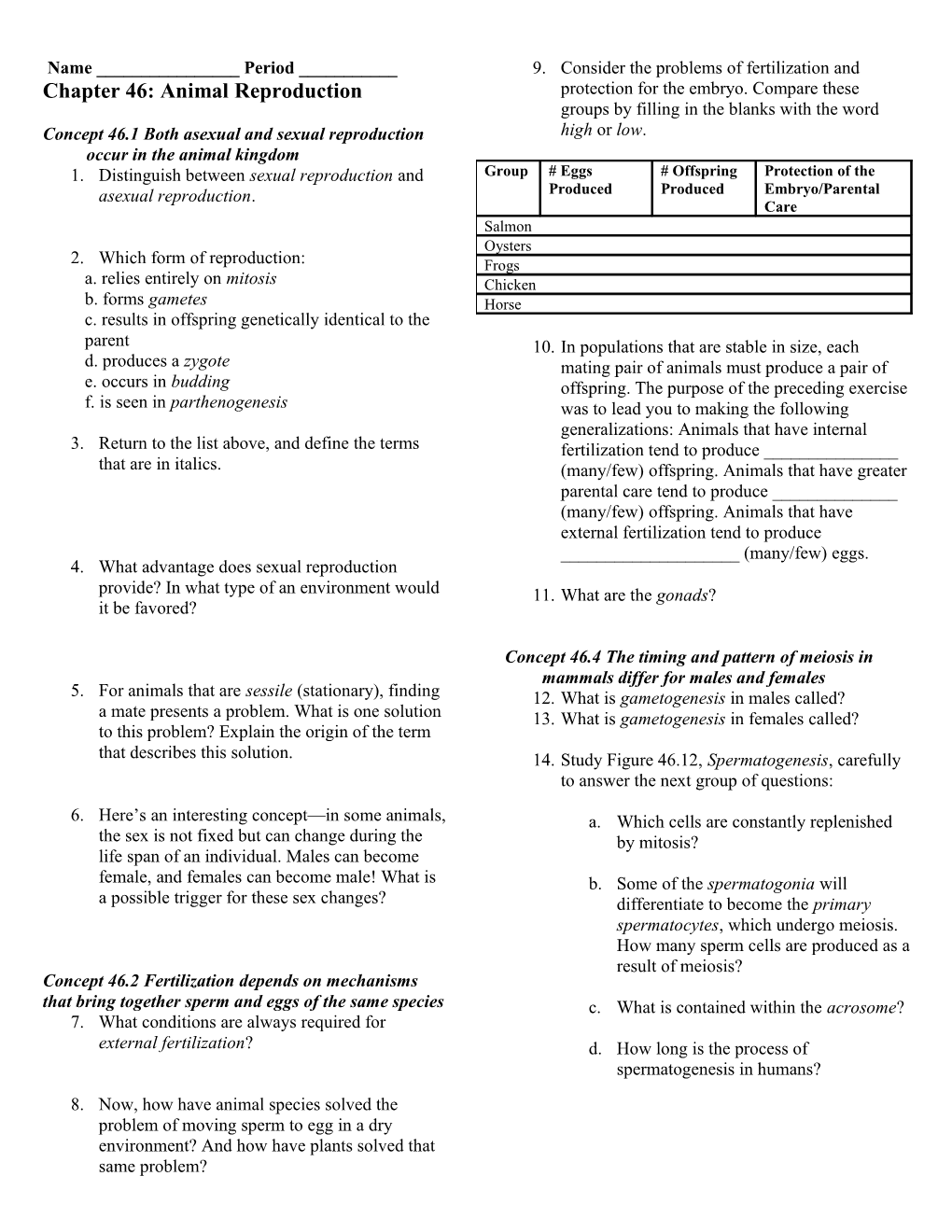 Concept 46.1 Both Asexual and Sexual Reproduction Occur in the Animal Kingdom