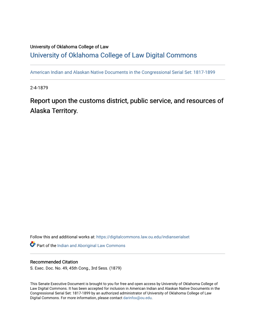 Report Upon the Customs District, Public Service, and Resources of Alaska Territory