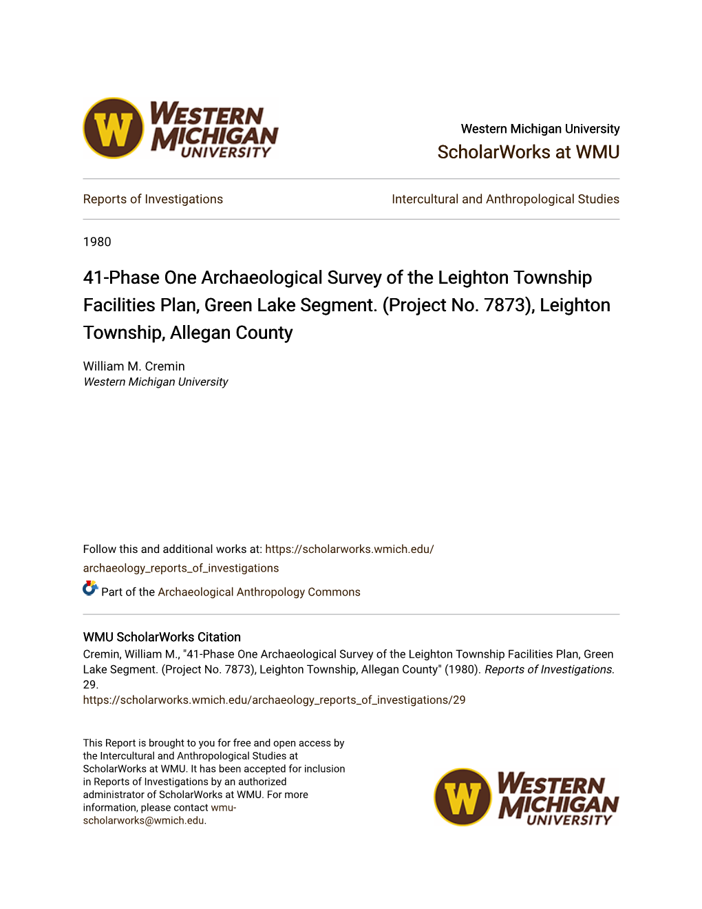 41-Phase One Archaeological Survey of the Leighton Township Facilities Plan, Green Lake Segment
