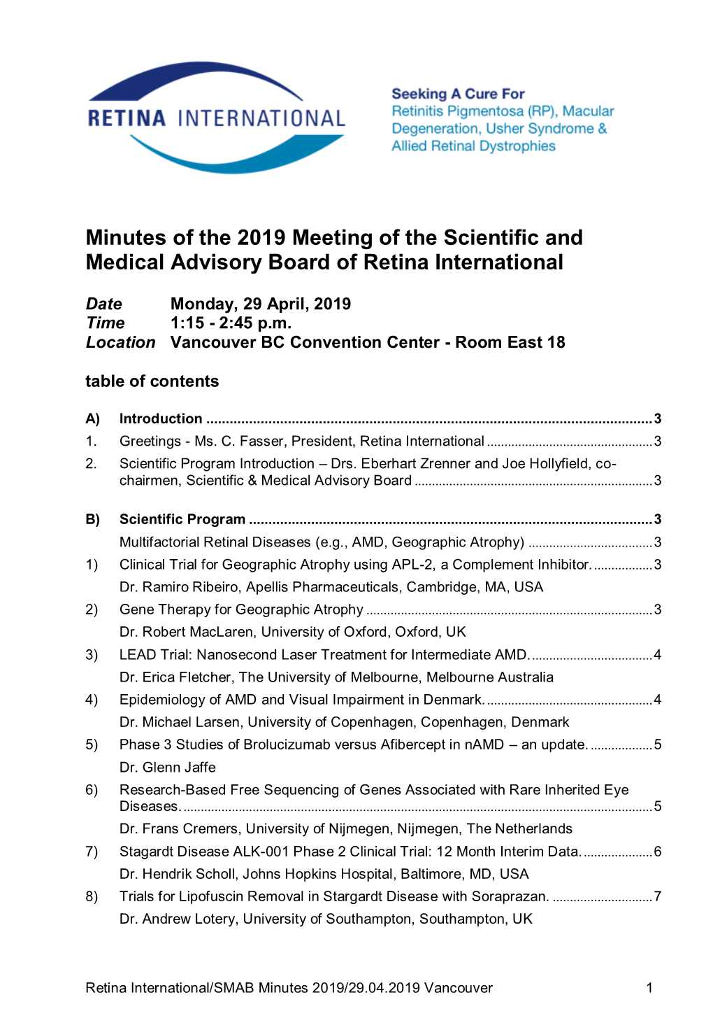 Minutes of the 2019 Meeting of the Scientific and Medical Advisory Board of Retina International