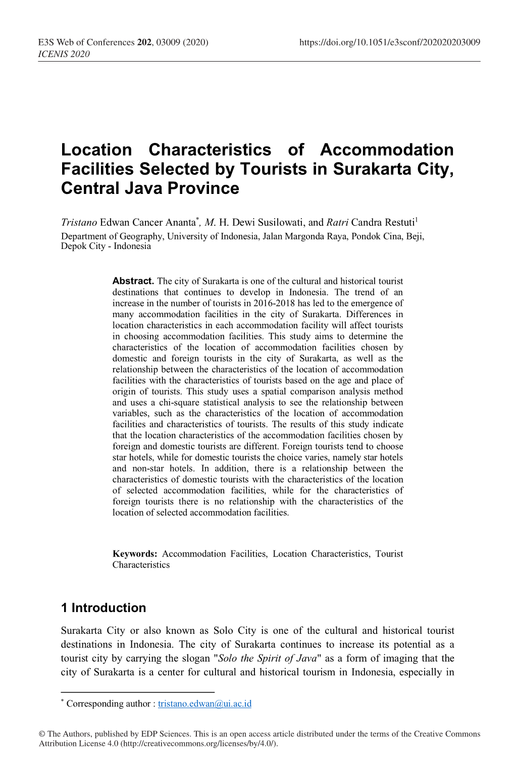 Location Characteristics of Accommodation Facilities Selected by Tourists in Surakarta City, Central Java Province