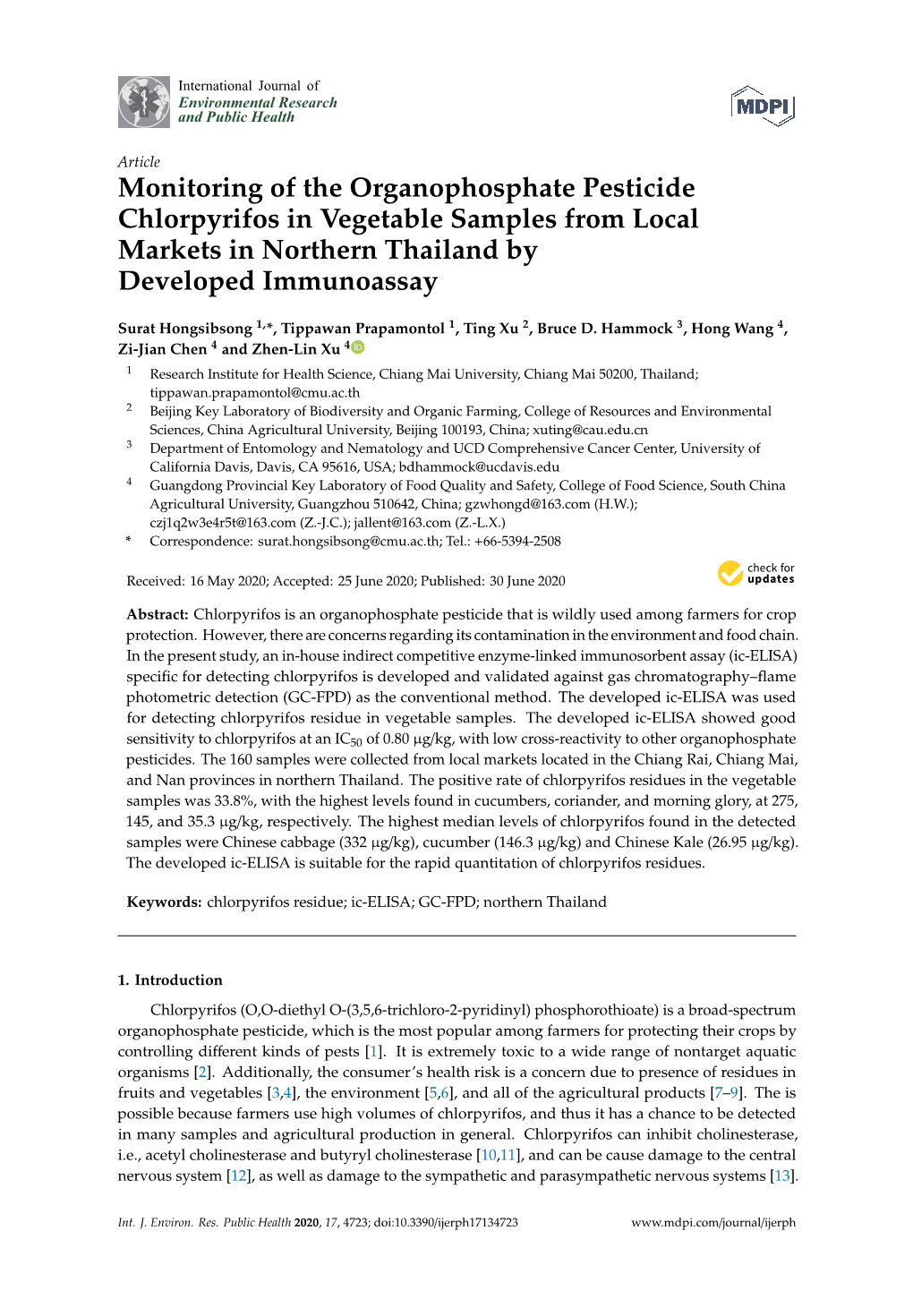 Monitoring of the Organophosphate Pesticide Chlorpyrifos in Vegetable Samples from Local Markets in Northern Thailand by Developed Immunoassay