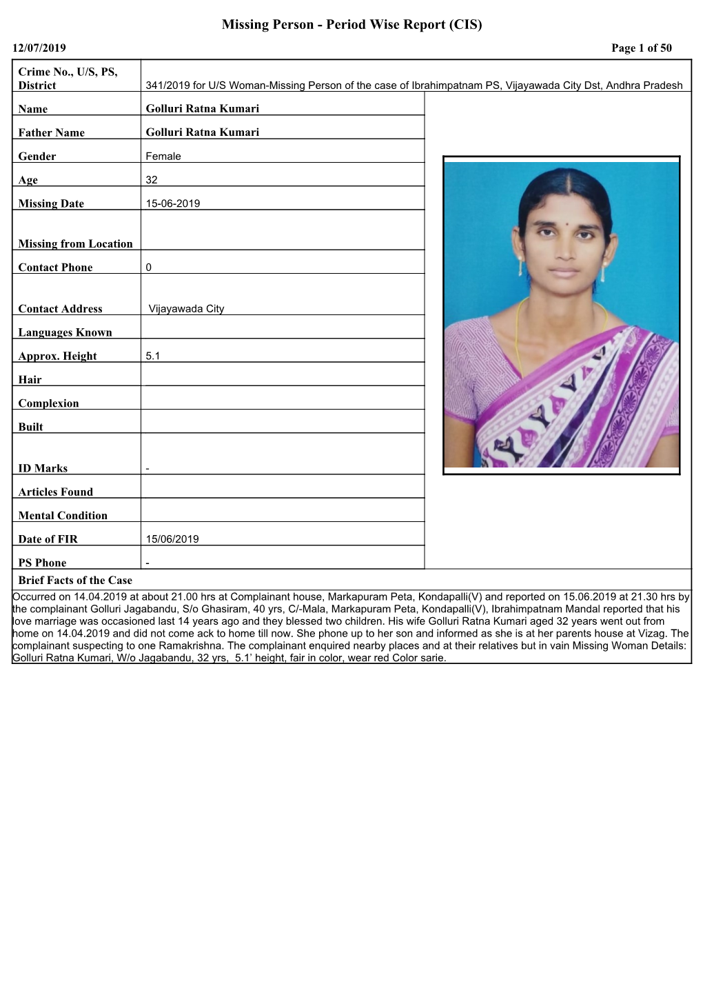 Missing Person - Period Wise Report (CIS) 12/07/2019 Page 1 of 50