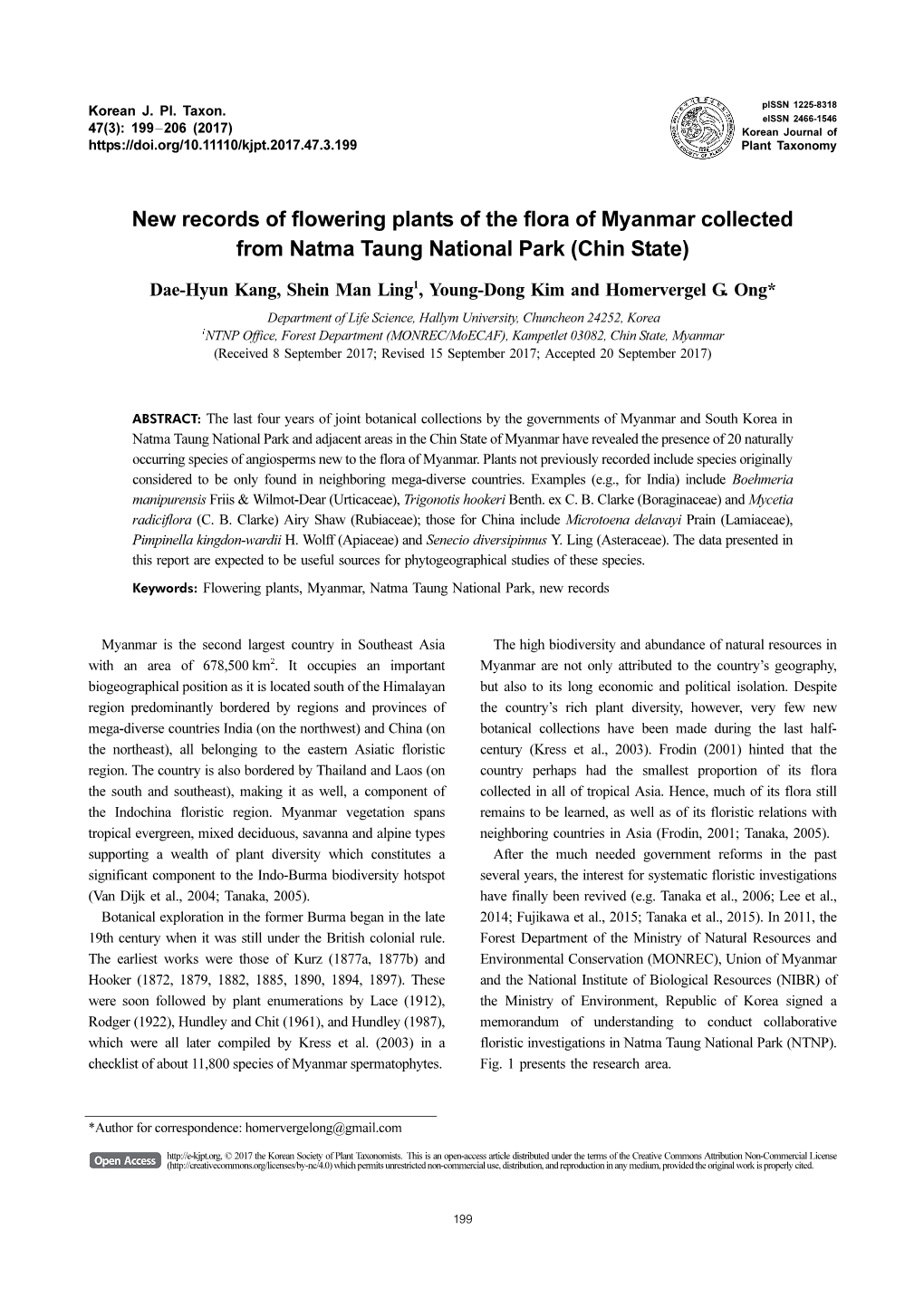 New Records of Flowering Plants of the Flora of Myanmar Collected from Natma Taung National Park (Chin State)