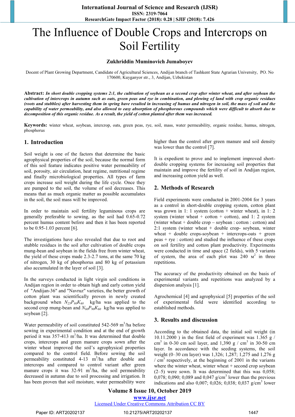 The Influence of Double Crops and Intercrops on Soil Fertility