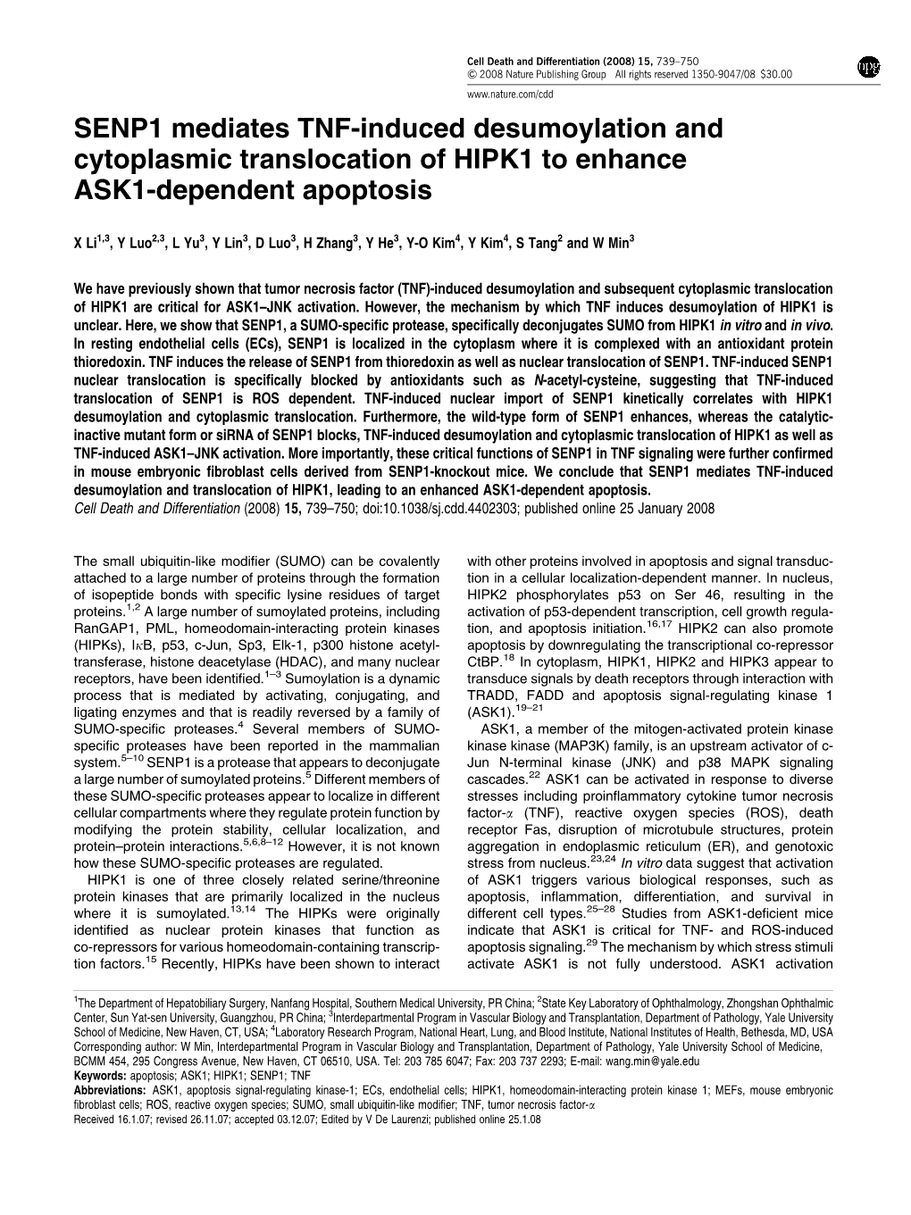 SENP1 Mediates TNF-Induced Desumoylation and Cytoplasmic Translocation of HIPK1 to Enhance ASK1-Dependent Apoptosis