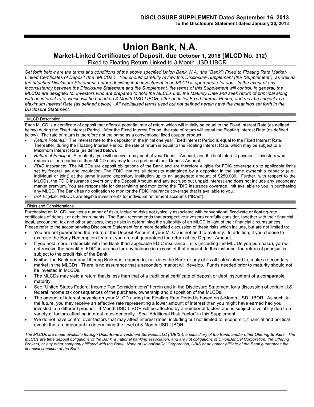 Union Bank, N.A. Market-Linked Certificates of Deposit, Due October 1, 2018 (MLCD No