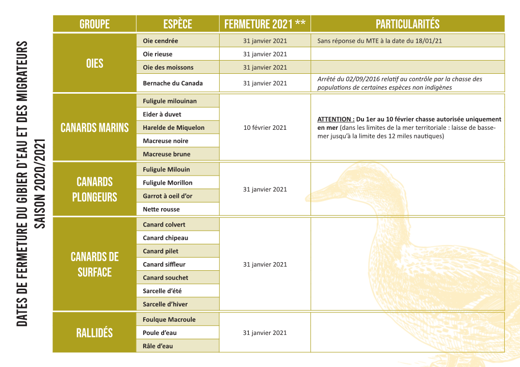 Dates De Fermeture Du Gibier D'eau Et Des Migrateurs