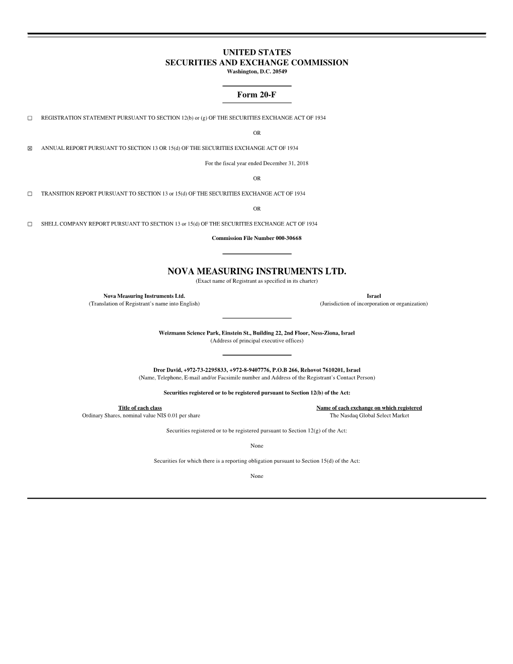 NOVA MEASURING INSTRUMENTS LTD. (Exact Name of Registrant As Specified in Its Charter)